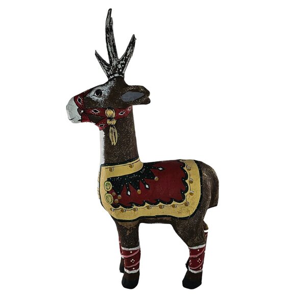 Hand Painted Papier Mache Reindeer Statue With Antlers Colorful Saddle Christmas - Picture 1 of 9